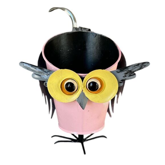 Large Eyed Metal Pink Owl Planter - Picture 1 of 5